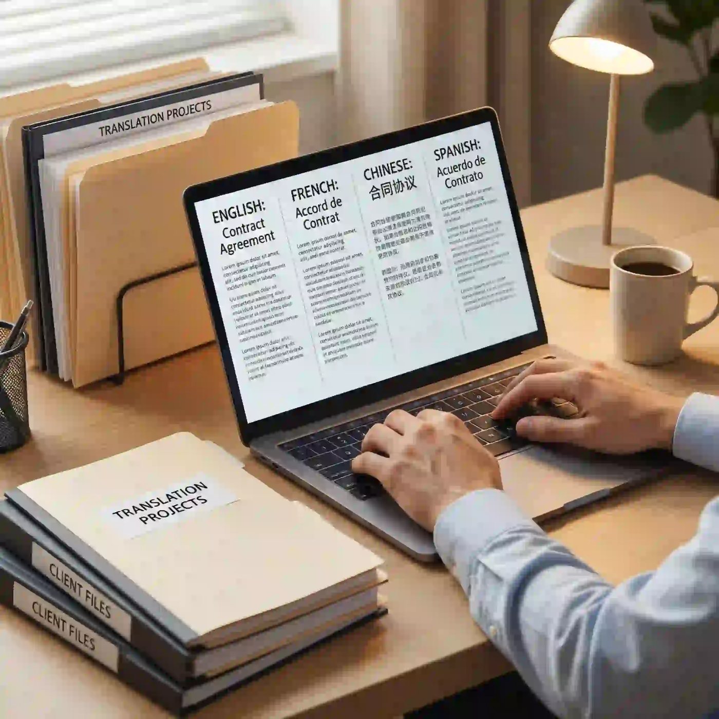 Translation documents being reviewed
